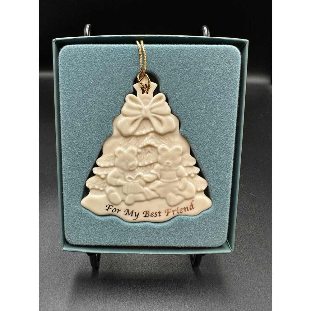 Lenox For My Best Friend Teddy Bear Christmas Ornament Ivory China Gold Letter